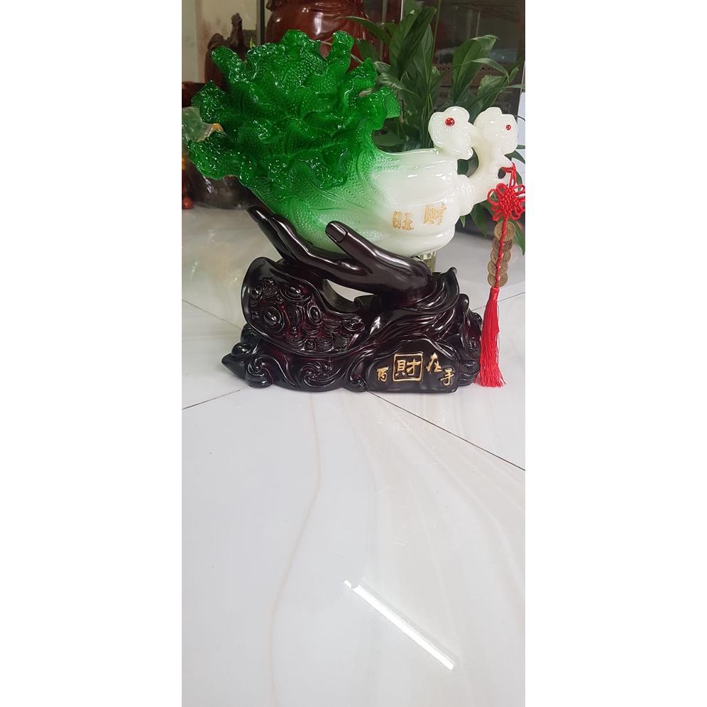Tượng Bắp Cải Phong Thuỷ Xanh To Đẹp Trên Bàn Tay Nắm Giữ trọn Bắp Cải 5 Đồng Tiền Ngũ Phúc Dây Đỏ Đế Gỗ Tài lộc May Mắn Ý nghĩa bàn tay làm nên sự nghiệp gia chủ nắm giữ thu hút  của cải tài lộc tiền tài vào Size Cao 36cm Ngang 35cm Sâu 15cm ạ