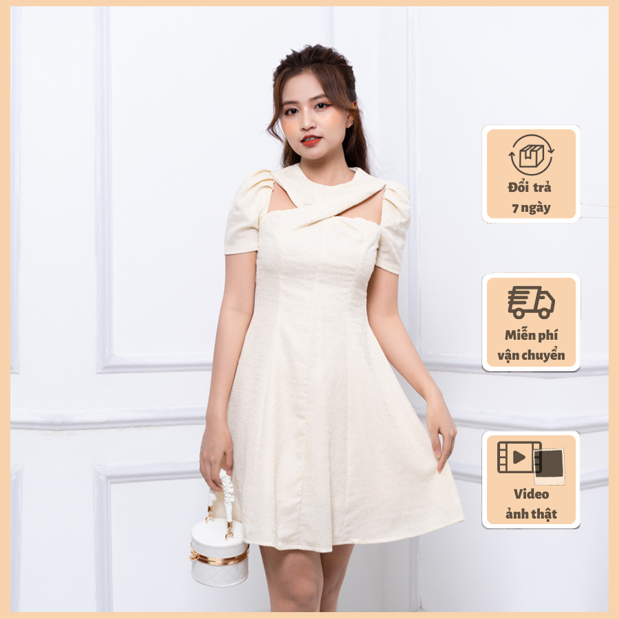 Váy dáng xòe thiết kế xoắn cổ ChunChun V30308, chất liệu chiffon ép nhăn cao cấp
