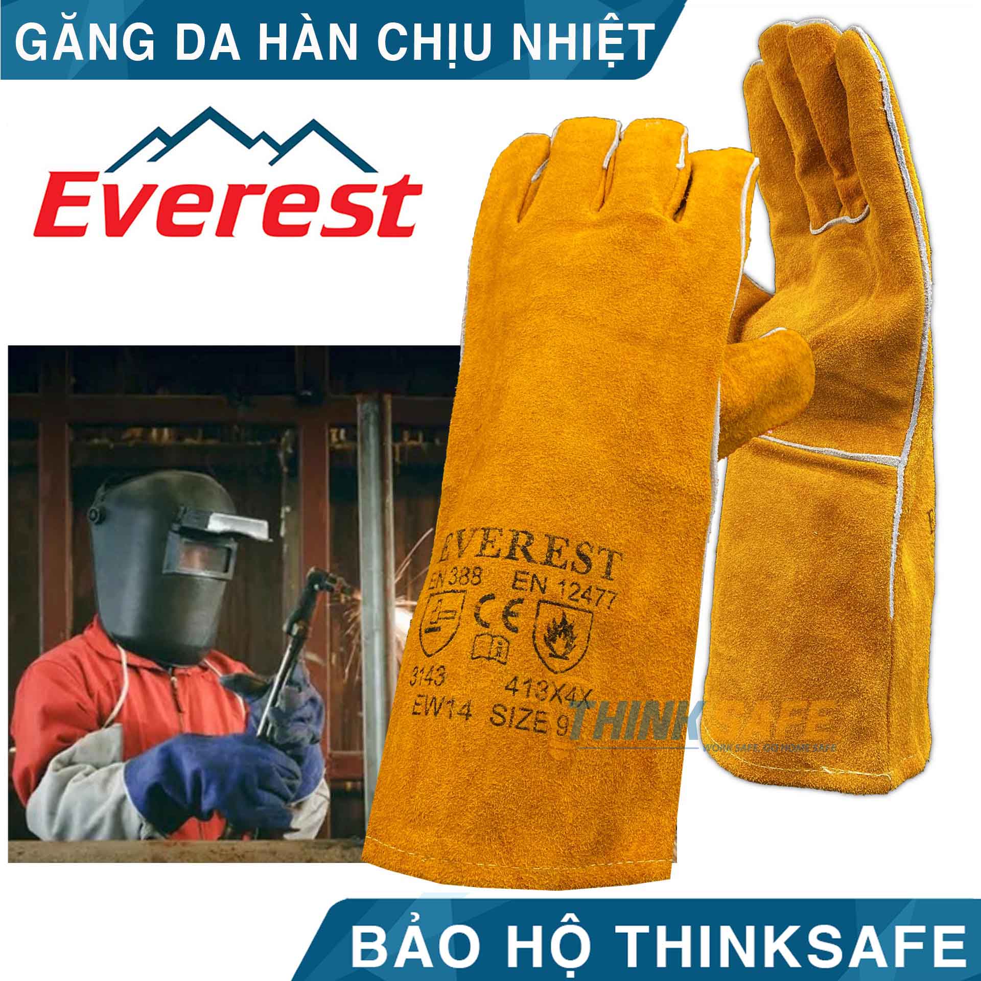 Găng tay da hàn Everest EW14 bao tay chống cháy, chịu nhiệt/ tia lửa văng bắn chuyên dùng hàn que (vàng) - Labor Leather Glove EW14