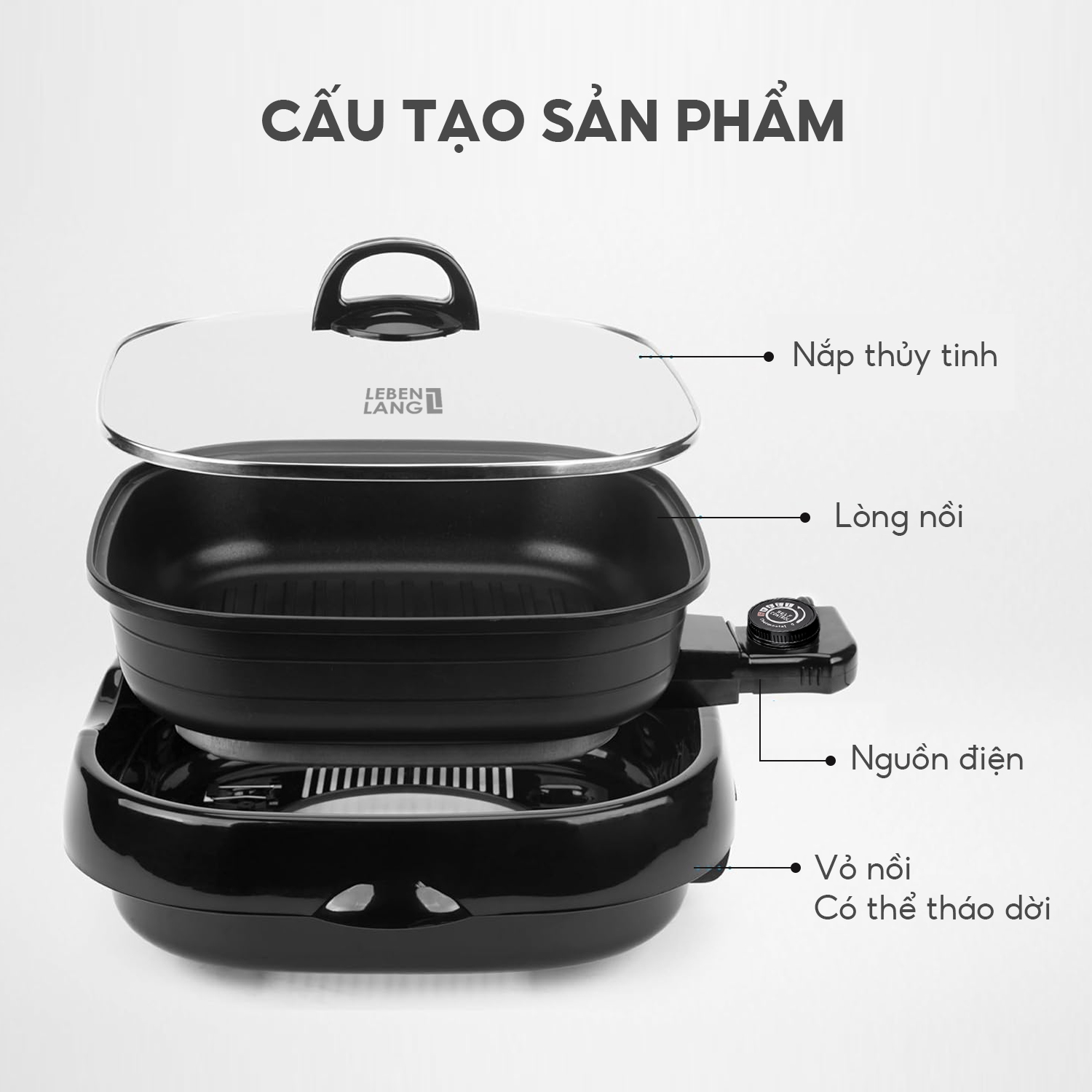 Nồi lẩu điện đa năng, nướng lẩu 2in1 Lebenlang LBTT6288, 1650W, 4l, bảo hành 2 năm - hàng chính hãng
