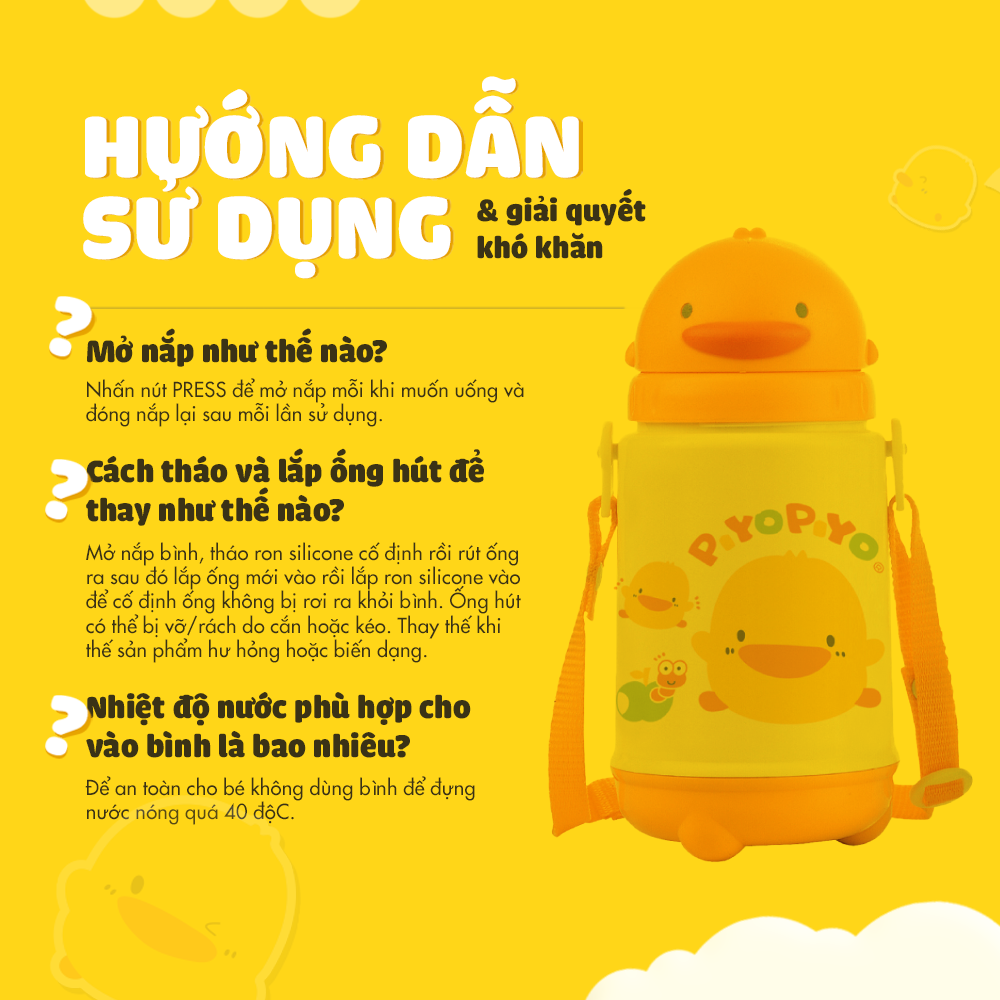 Bình giữ nhiệt cho bé đi học có dây đeo Piyo Piyo 420ml màu tươi sáng