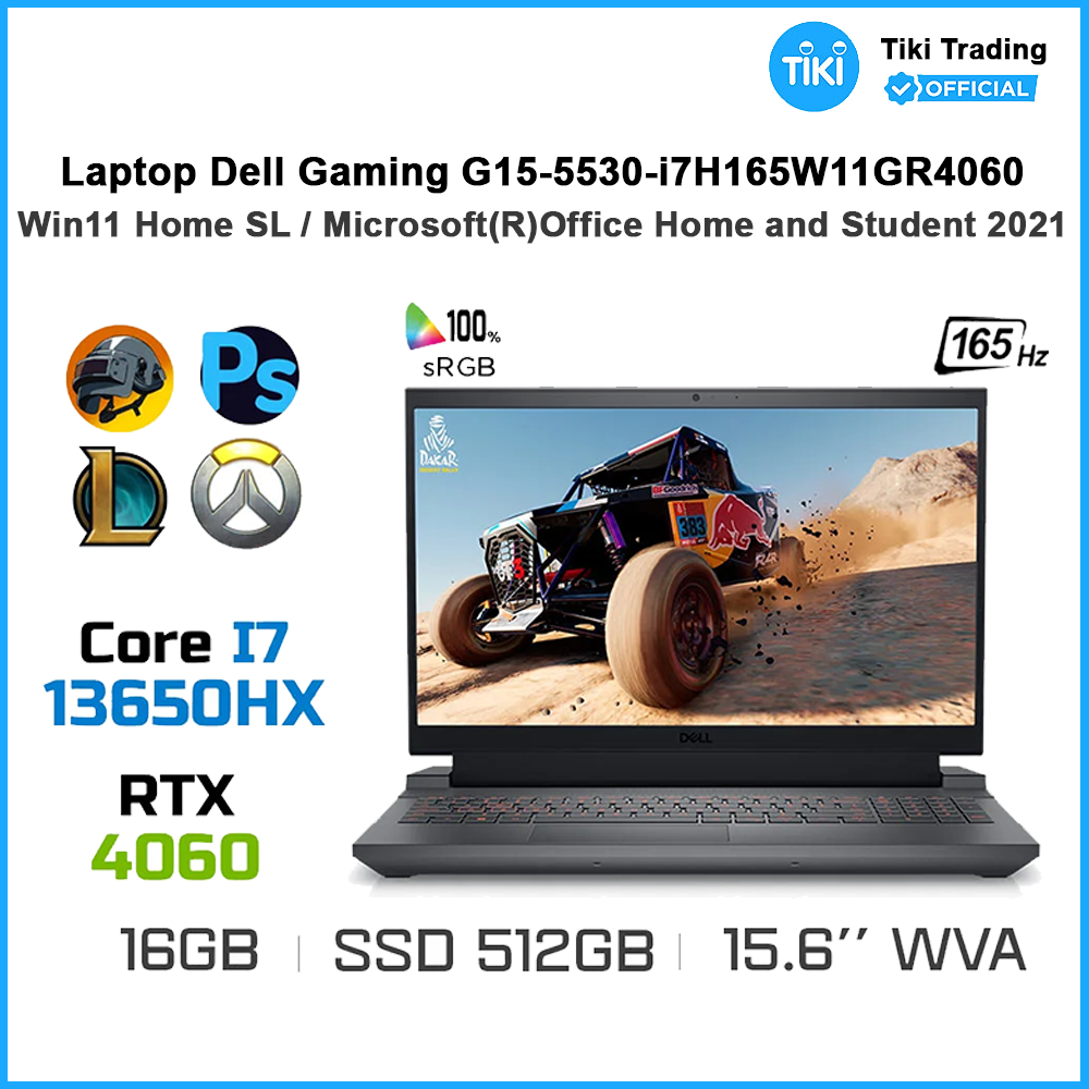 Laptop Dell Gaming G15 5530 - i7H165W11GR4060 ( Intel Core i7-13650HX , 16GB (2x8GB) DDR5 4800MHz, 512GB SSD, 15.6'' FHD (WVA) 165Hz 100% sRGB, RTX 4060 8GB GDDR6, Win11 SL, MSOffice H&amp;S 2021, 4-Zone RGB Backlit Keyboard) - Hàng Chính Hãng