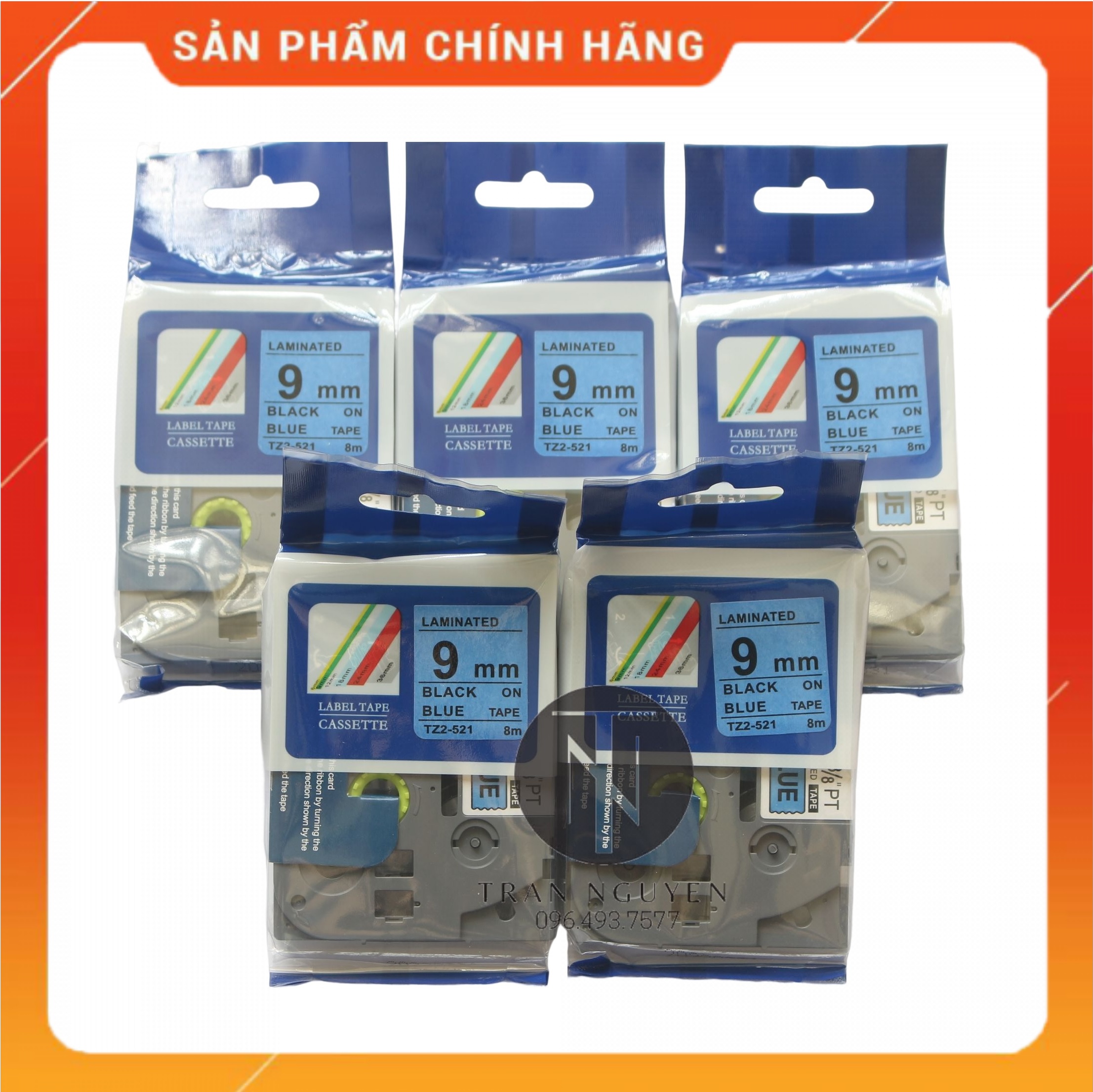 Nhãn In đa lớp Tz2-521 - Đen nền Dương 9mm x 8m - Hàng nhập khẩu