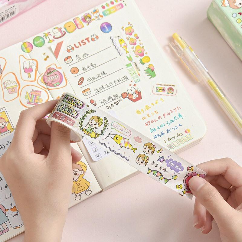 Set Hộp Washi Tape Cô Bé Đáng Yêu Băng Keo Hình Dán Cute Sticker Anime Trang Trí Sổ Combo 10 Cuộn 10 Stickers Cute