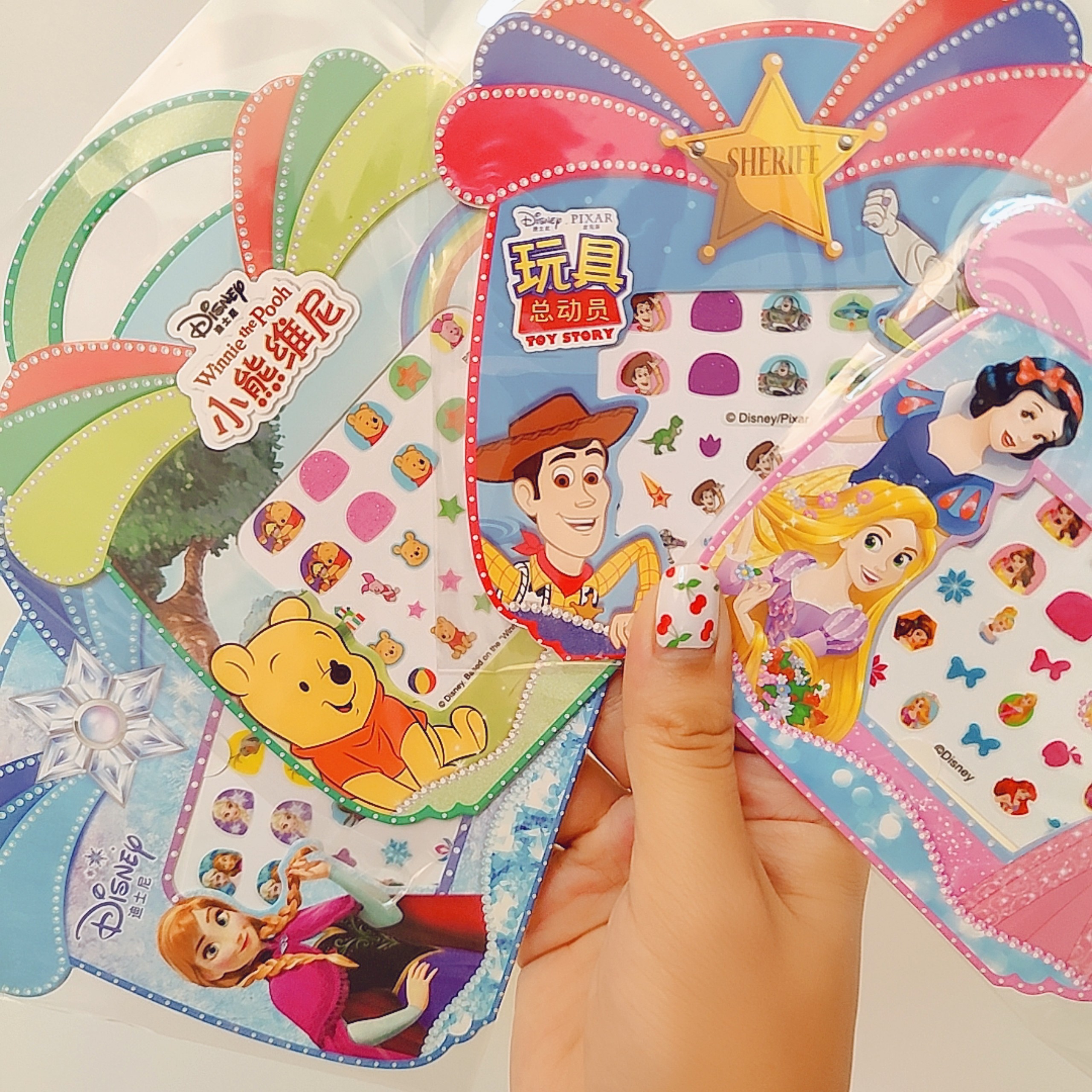 Combo 5 tờ Nail Sticker ngẫu nhiên , miếng dán móng tay hoạt hình kiểu túi xách nơ Frozen Sofia Princess Toy Pooh Minnie cho trẻ em 001