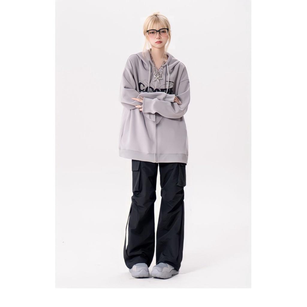 Áo Hoodie Zip Nỉ In Hình Nơ Dáng Rộng