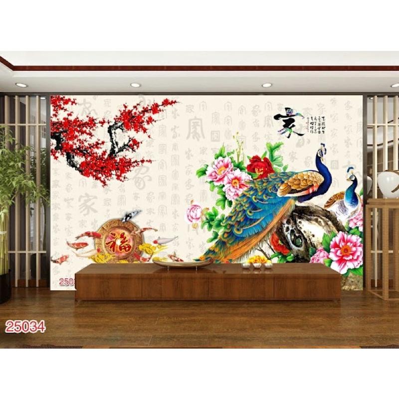 Tranh chim công hoa mẫu đơn dán tường 3d. tranh vải lụa KT 120x80 cm. in kích thước theo yêu cầu liên hệ 0989685926