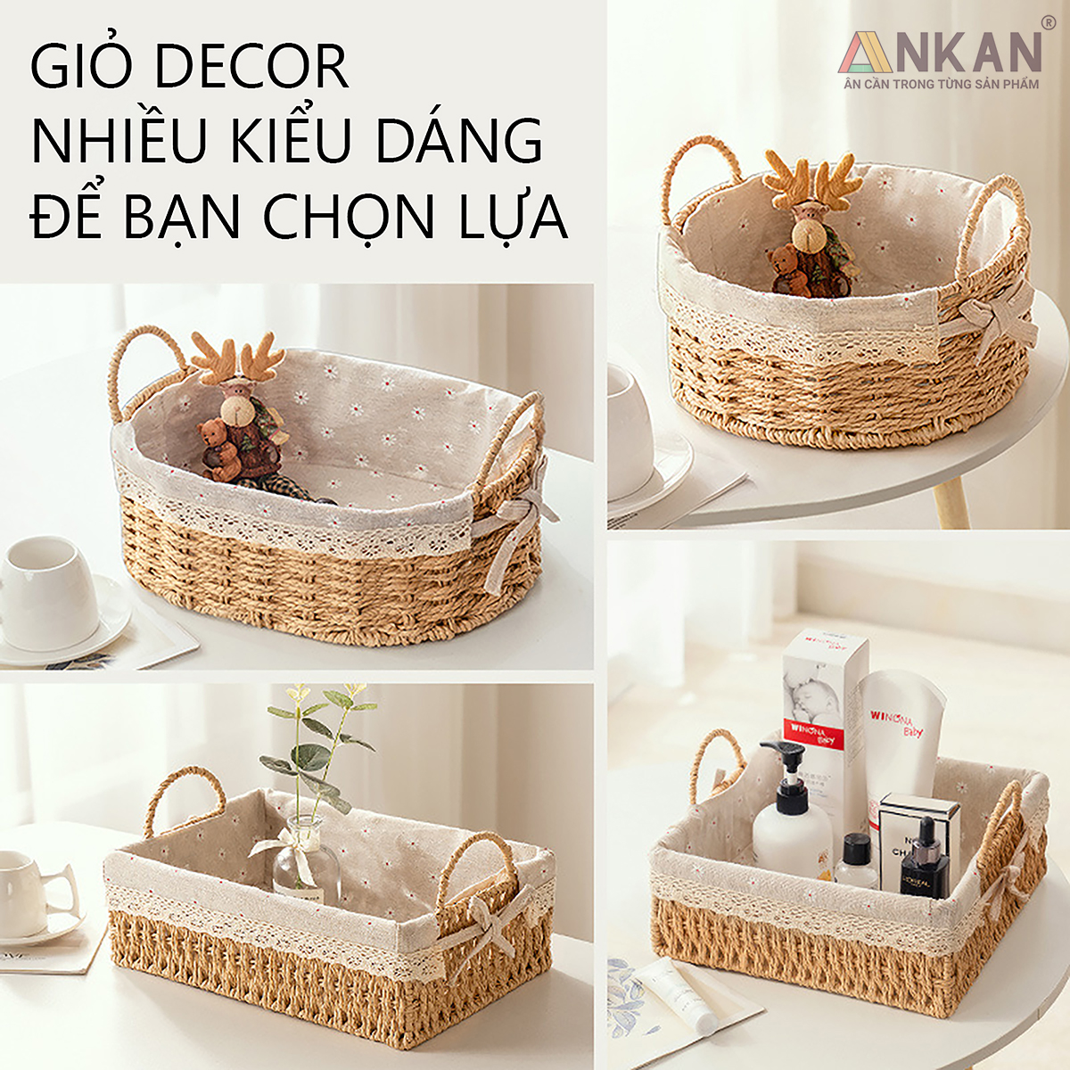 Giỏ Decor Có Quai Xách – Bộ 4 Kiểu Dáng Thủ Công Đẹp Mắt, Lót Vải Vintage, Đựng Đồ &amp; Trang Trí Tinh Tế
