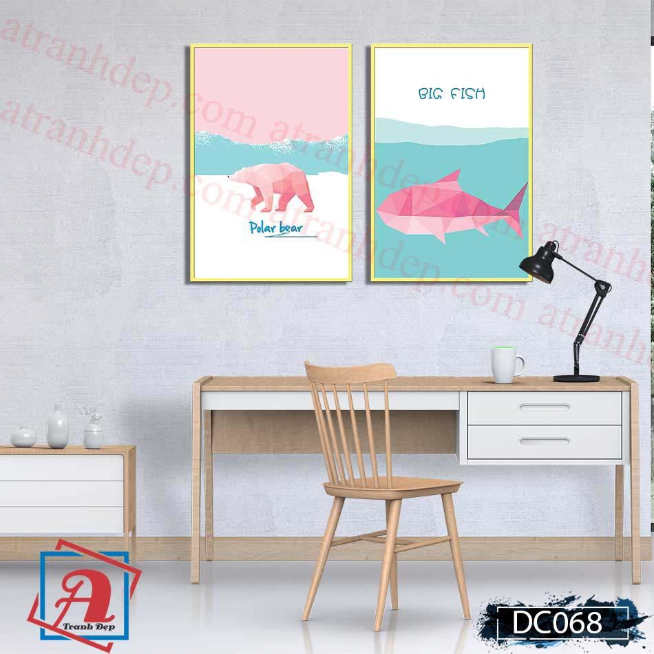 Bộ 3 tranh canvas treo tường Decor Gấu và Cá dễ thương - DC068