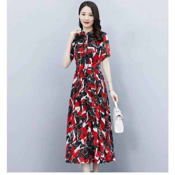 HÀNG NHẬP - ĐẦM MAXI VOAN HỌA TIẾT ĐỎ CỔ TRỤ BÈO