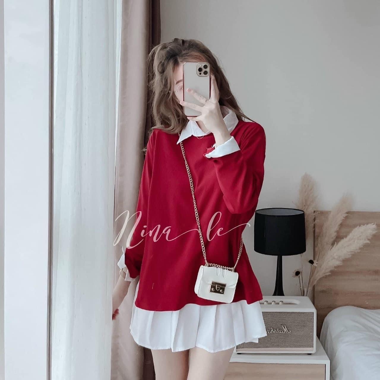 SET ĐẦM SƠ MI SUÔNG TRƠN VÁY XẾP LY NHẸ + ÁO THUN ĐỎ TRƠN TAY DÀI DẠO PHỐ DỰ TIỆC GIÁNG SINH NOEL
