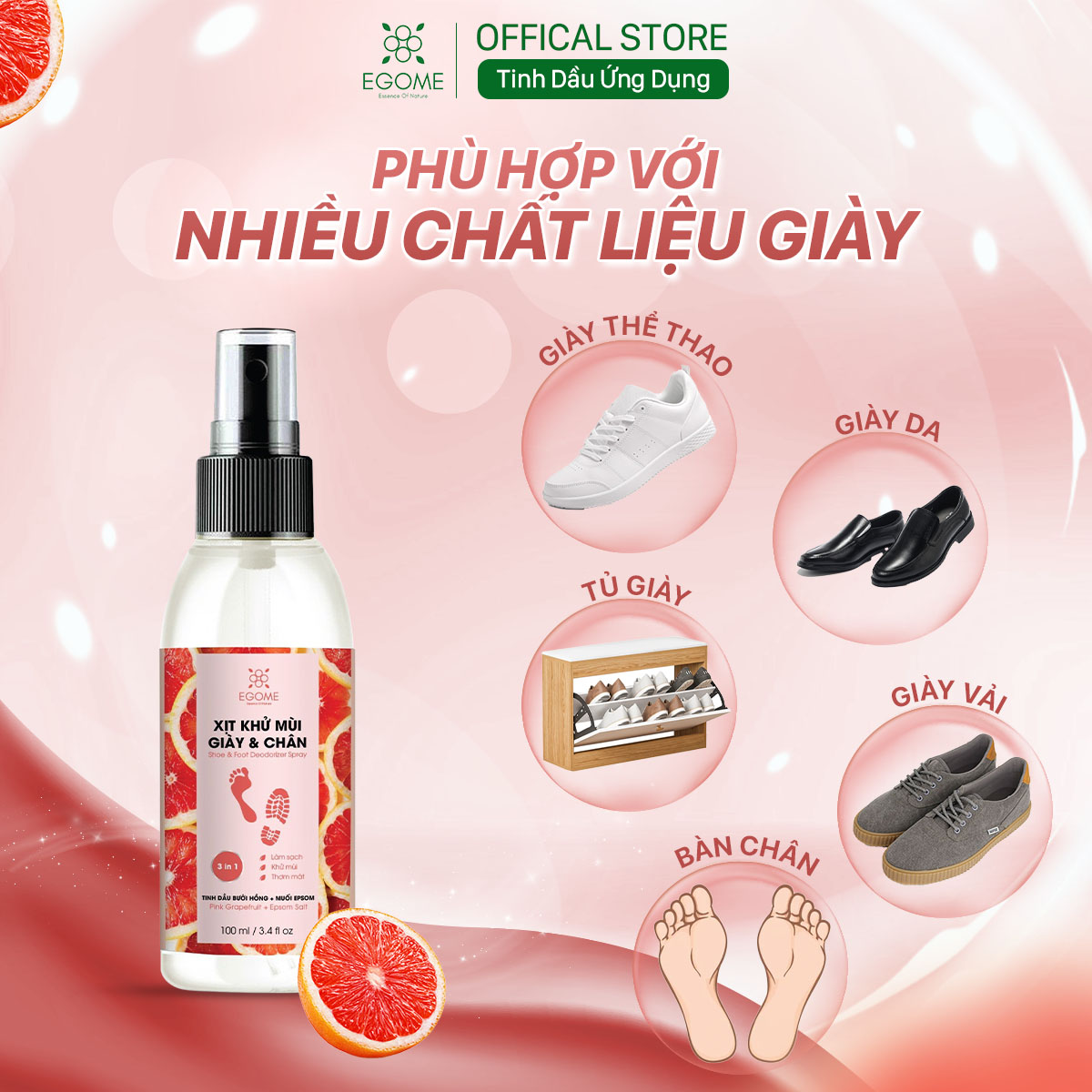 Xịt Khử Mùi Giày Và Chân Egome Tinh Dầu Bưởi Hồng làm sạch và thơm mát 100ml