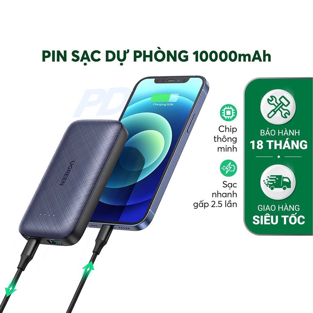 Pin Sạc Dự Phòng Mini 10000mAh UGREEN PB178 Hỗ Trợ Power Delivery + QC 3.0 - Sạc Nhanh 20W -  Nhỏ Gọn, Nhẹ Nhàng - Tích Hợp Chip Thông Minh