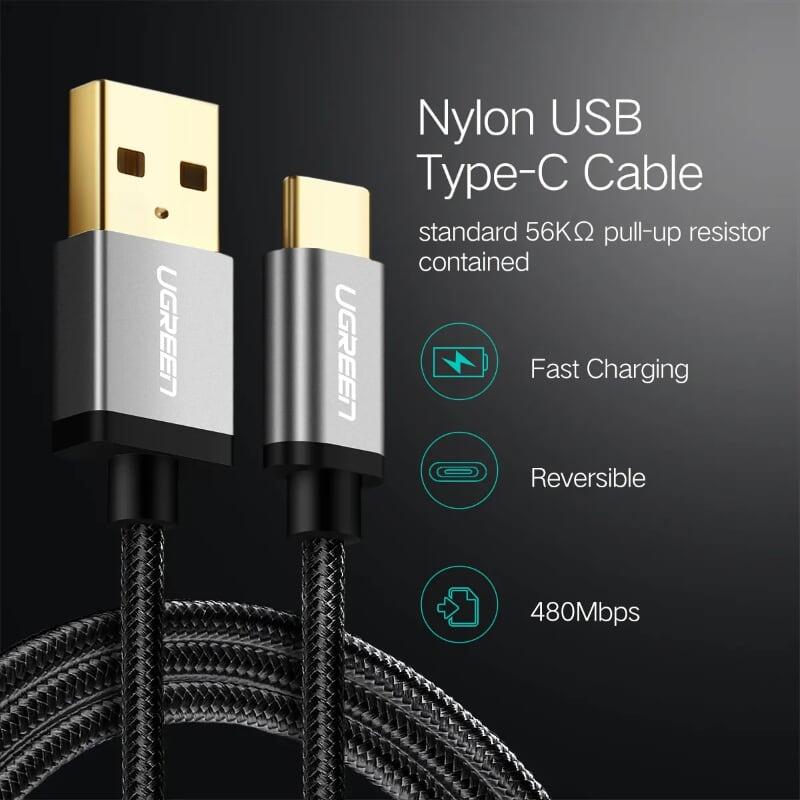 Ugreen UG30879US174TK 0.5M 3A Màu Đen Cáp USB TypeC sang USB 2.0 Hỗ trợ sạc nhanh dây bên Nylon - HÀNG CHÍNH HÃNG