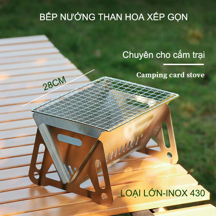 Bếp nướng than hoa bằng inox 430, loại lớn 28x18cm có thể xếp gọn, chuyên dùng cho cắm trại, picnic