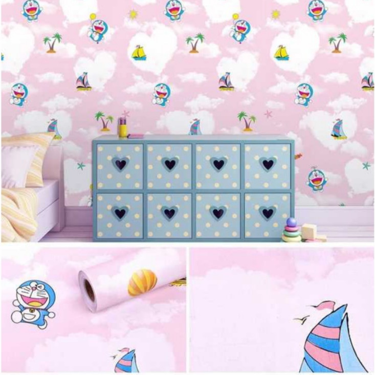 Cuộn 5m Decal Giấy Dán Tường DOREMON BẦU TRỜI HỒNG