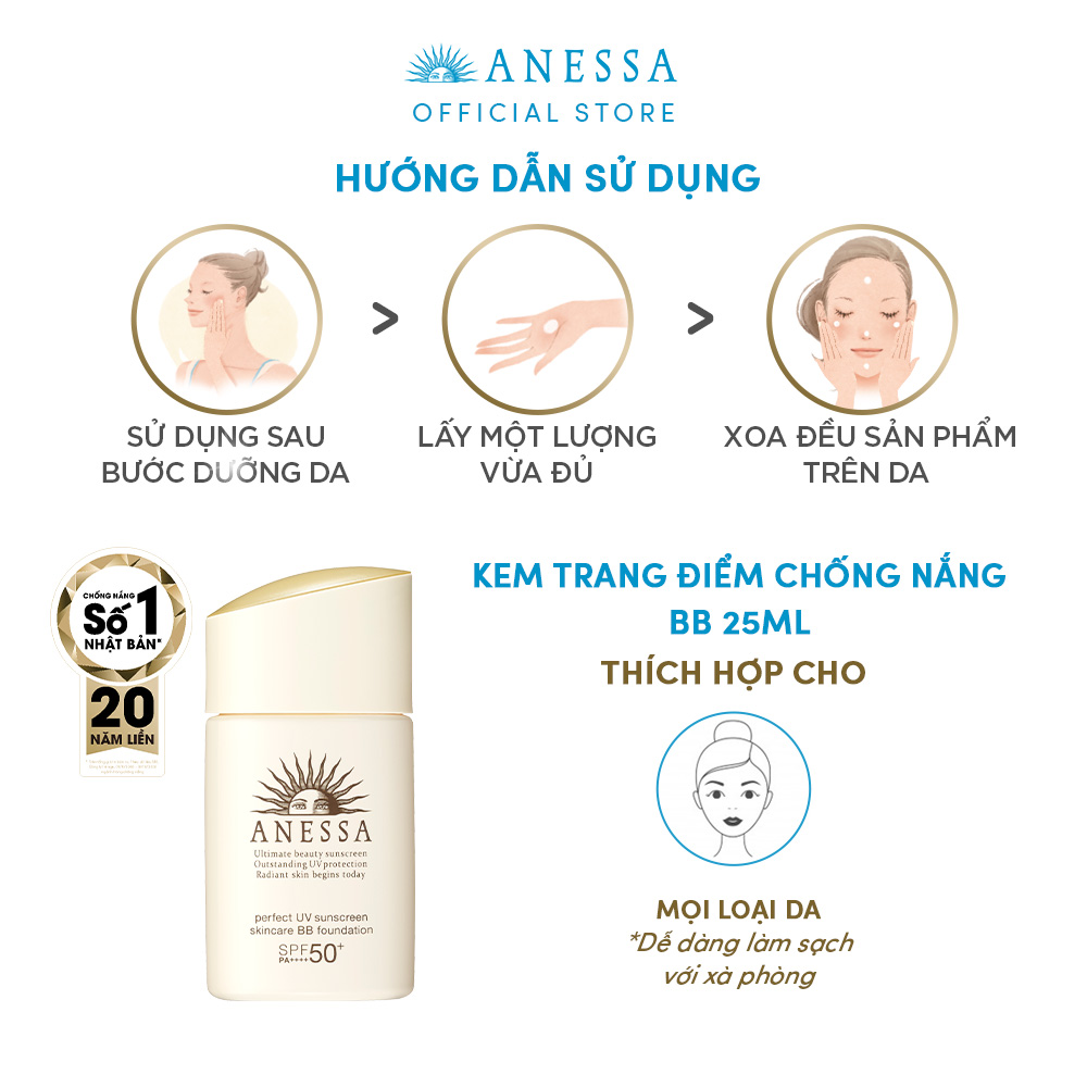 Kem nền trang điểm BB chống nắng dưỡng da Anessa Perfect UV Sunscreen Skincare BB Foundation SPF 50+ PA++++ 25ml