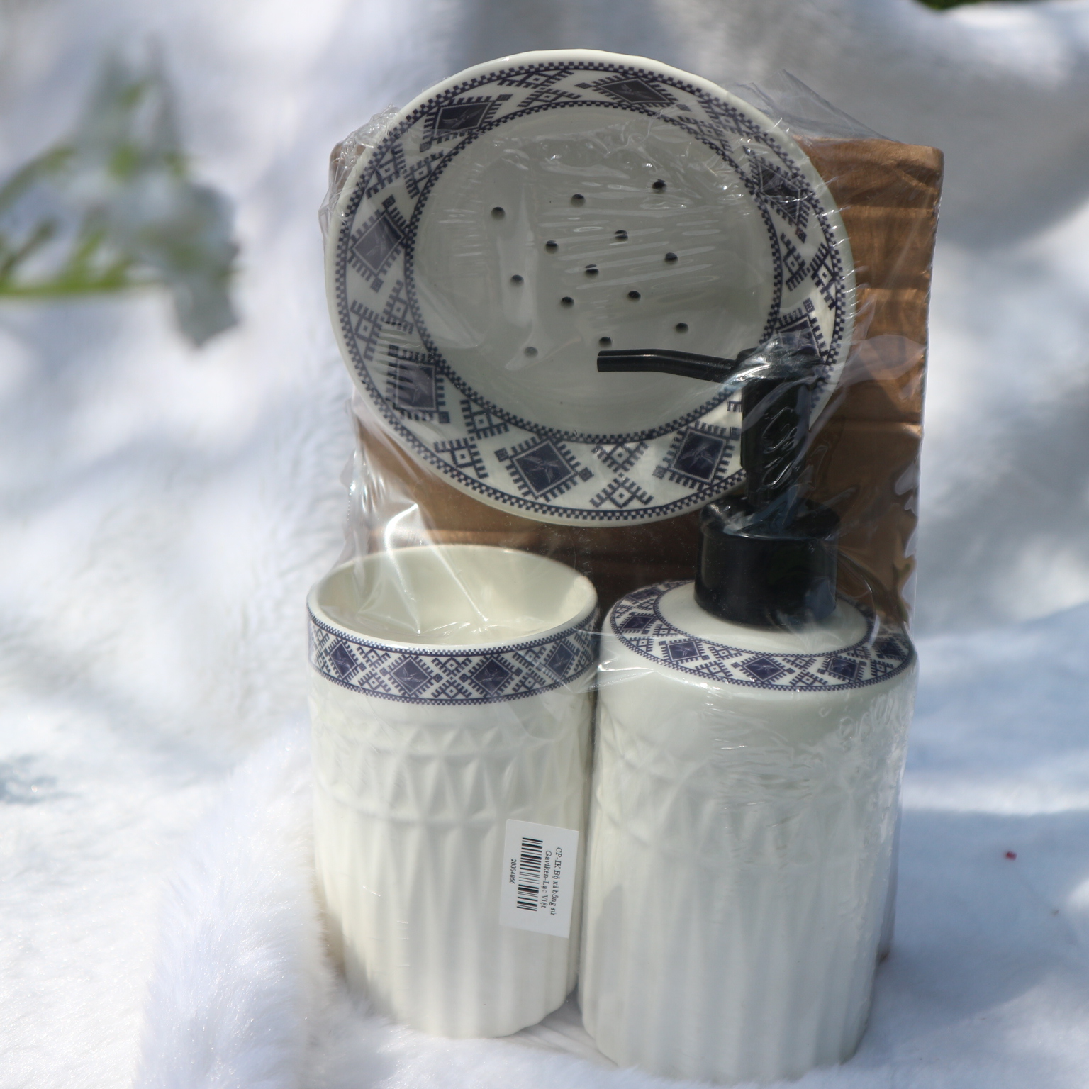 Bộ 3 Món Bình Sứ Đựng Xà Phòng - Kem Đánh Răng Nhà Vệ Sinh Hoa Văn Sang Trọng