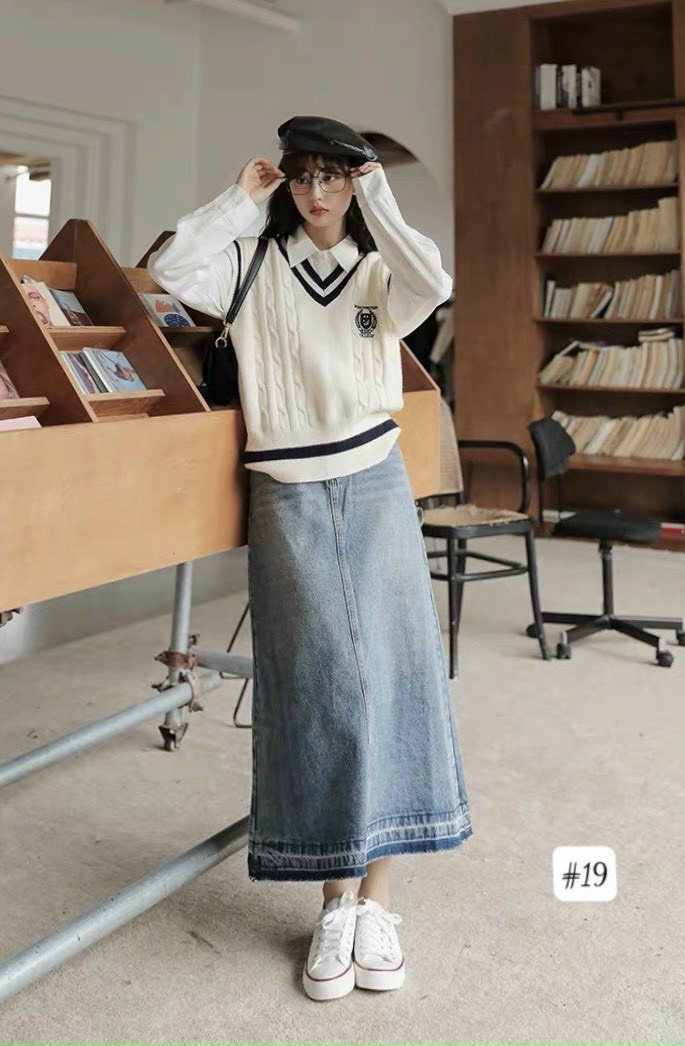 CHÂN VÁY JEAN DENIM DÀI SUÔNG TRƠN