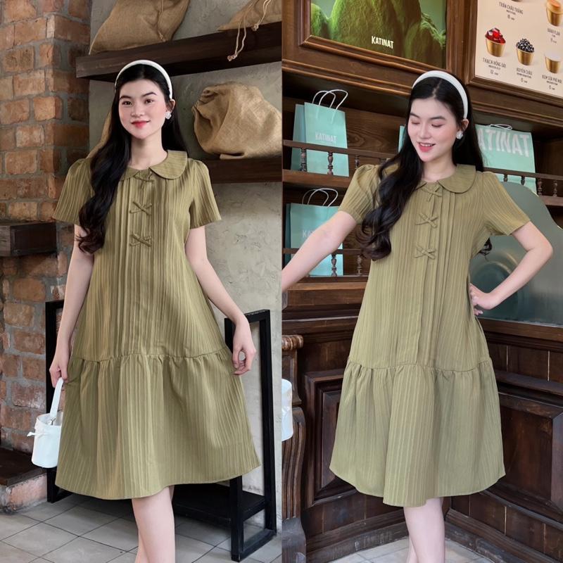 Đầm bầu cổ sen đính nơ dễ thương form đuôi cá gọn dáng, thanh lịch chất xốp Hàn Váy bầu dễ thương - Xanh đen
