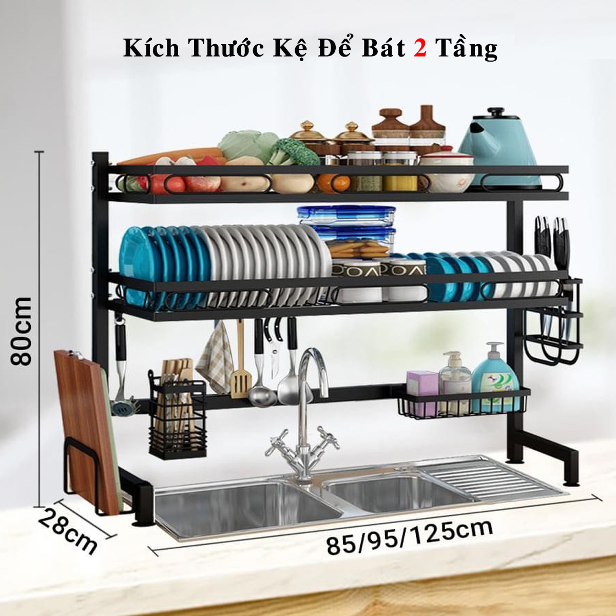 Kệ Để Bát Thông Minh, Giá Kệ Để Chén Bát Đũa Đa Năng Chọn Size (65/85/95/125cm – 1 tầng/2 tầng) – Thép Carbon Không Gỉ - Sơn Tĩnh Điện Cao Cấp Siêu Bền – Chống Bám Bụi Chính Hãng