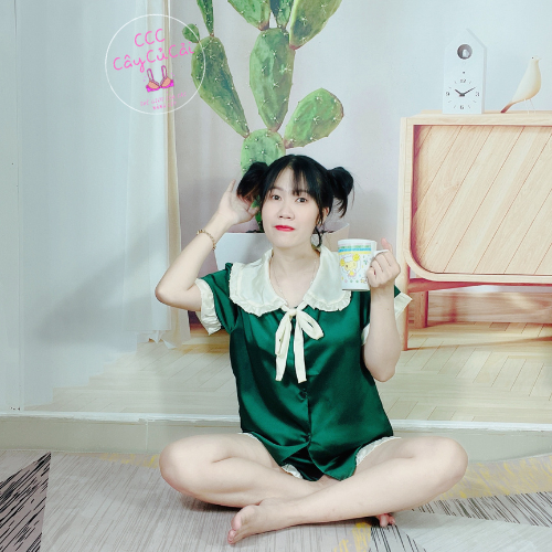 Bộ pijama satin mềm mát, bộ đồ ngủ cộc tay cổ thắt nơ công chúa dễ thương, mát mẻ hàng loại 1 CCC139