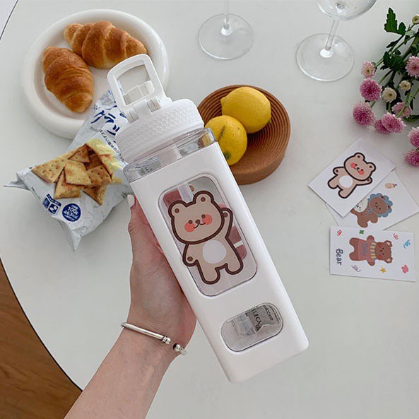 Bình nước đi học cute to hình vuông cỡ lớn dung tích 700ml có ống hút bằng nhựa không BPA tặng kèm sticker