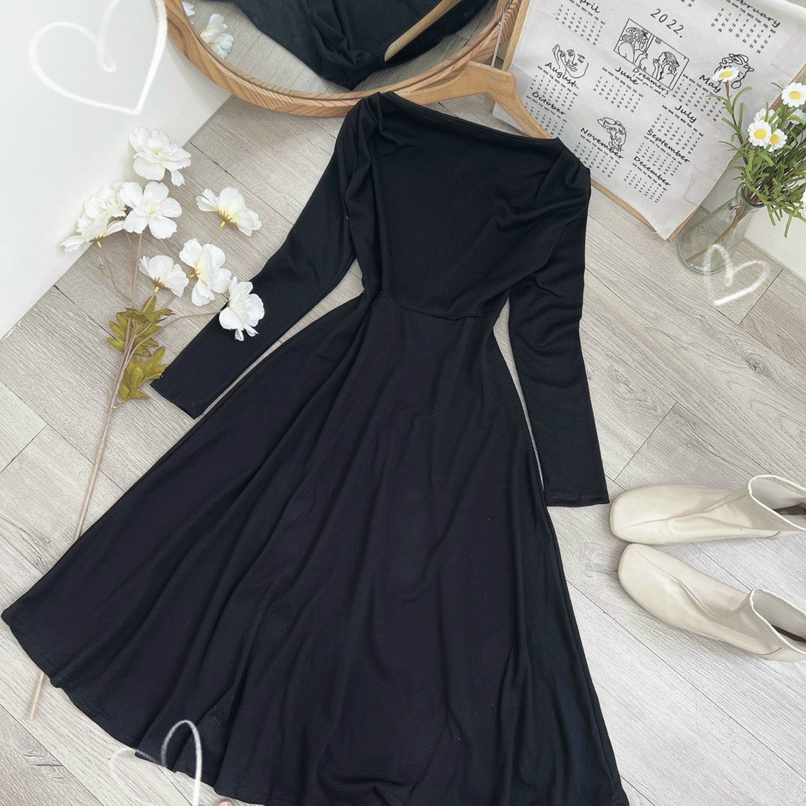 ĐẦM ĐEN DÀI TRỄ VAI MIDI SUÔNG TRƠN XÒE ÔM BODY TAY DÀI ĐI TIỆC DẠO PHỐ ĐI CHƠI NOEL GIÁNG SINH