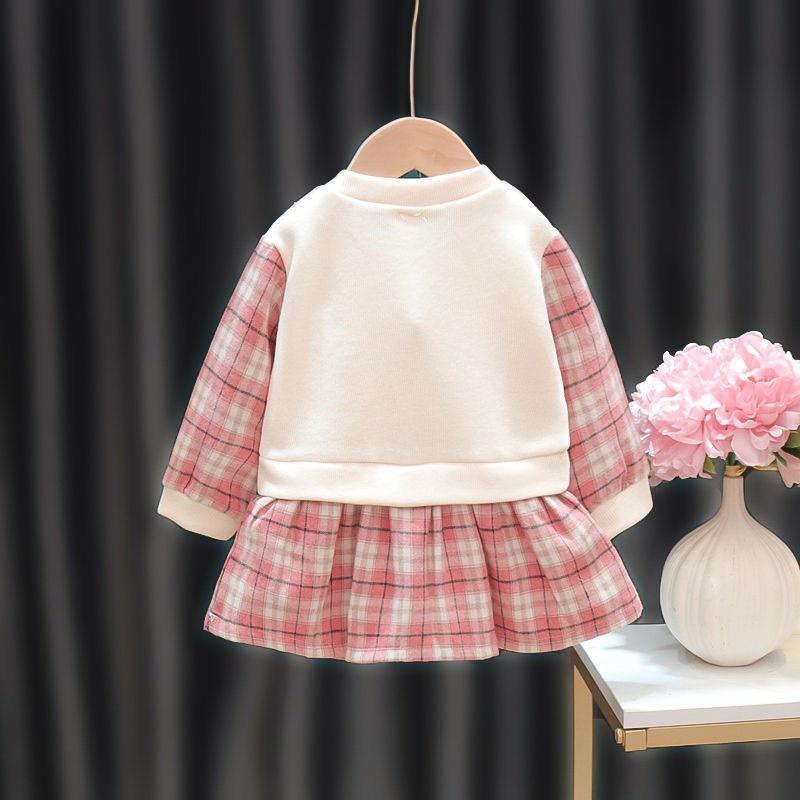 Đầm bé gái tay dài kèm gấu in họa tiết caro thời trang, Váy bé gái dễ thương từ 1 - 4 tuổi