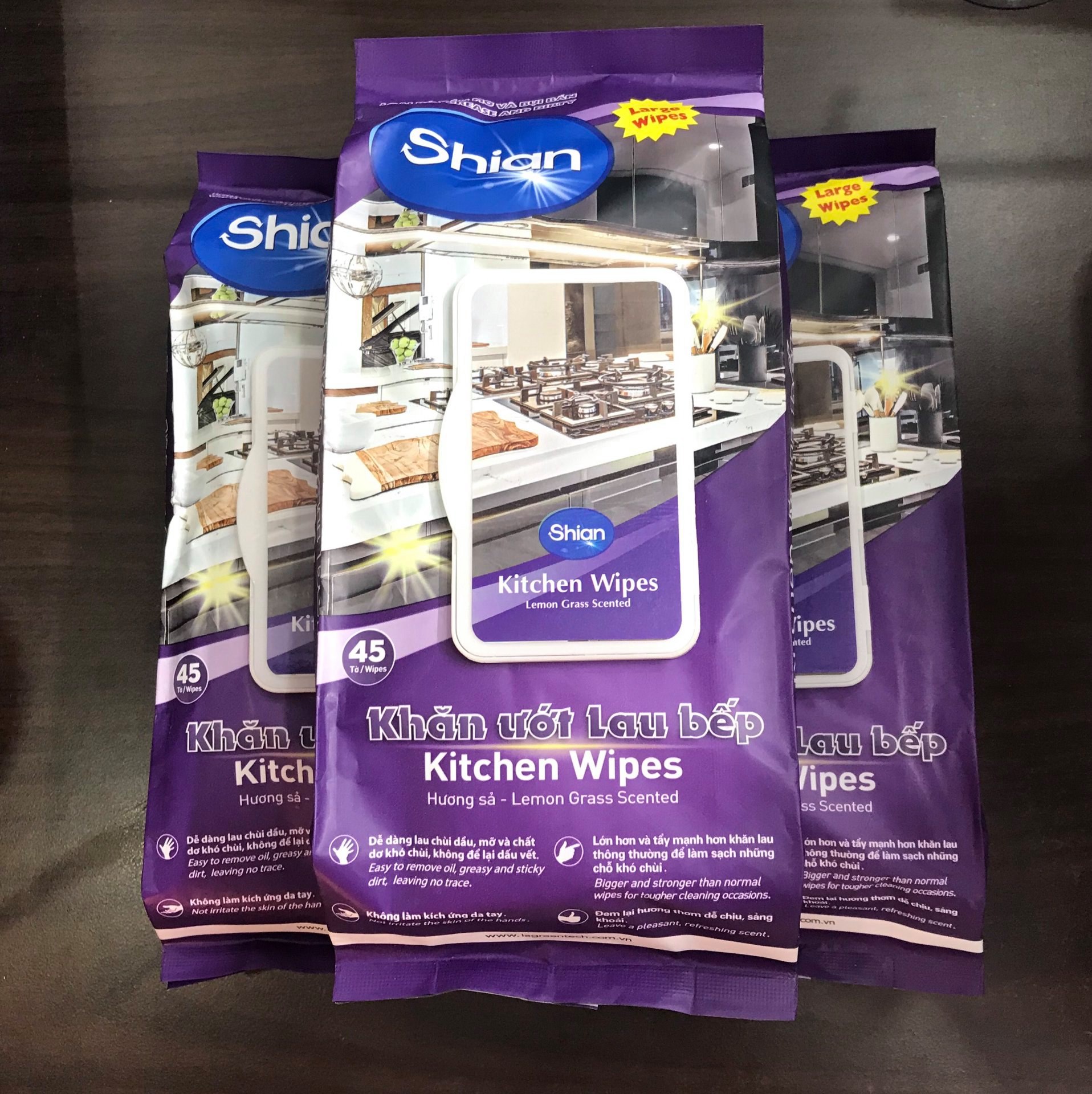 Combo 3 Khăn ướt lau bếp đa năng SHIAN Hương Sả Cao Cấp, đánh bay dầu mỡ nhanh chóng, dịu nhẹ với da tay - Gói Lớn 45 tờ