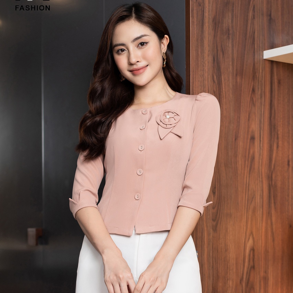 Áo Sơ Mi Nữ Tay Lỡ UK Fashion Thiết Kế Thanh Lịch Trẻ Trung Phối Cúc Bọc Hoa Cổ Độc Đáo NKSM2110007