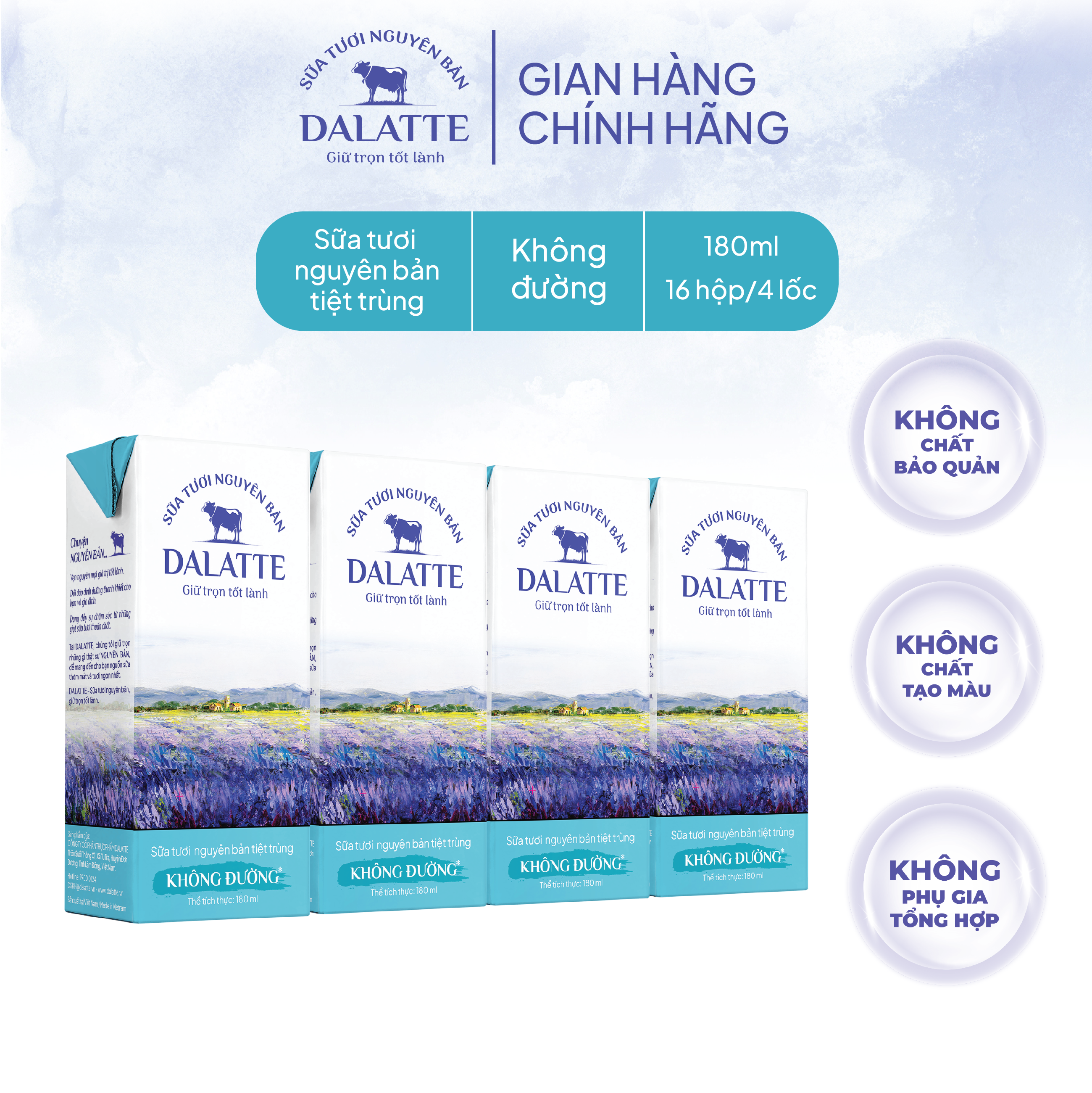 Combo 4 Lốc (16 hộp) - DALATTE 180ml SỮA TƯƠI NGUYÊN BẢN tiệt trùng - Không đường - Giữ trọn nguyên bản, trao trọn tốt l