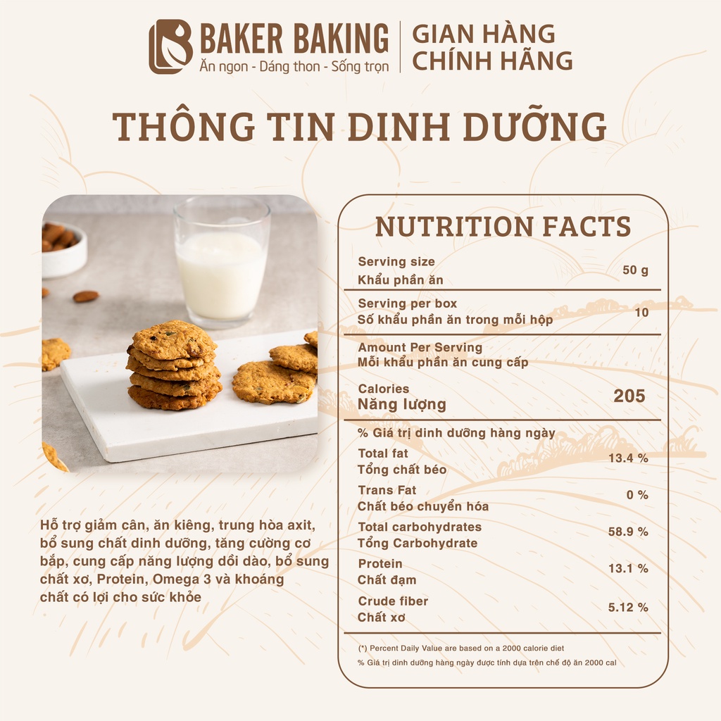 Bánh quy ăn kiêng Baker Baking cookies yến mạch không đường giảm cân dành cho người ăn kiêng, tiểu đường, eatclean 100g