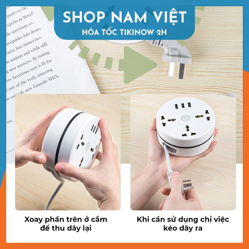 Ổ Cắm Điện Tròn Thu Gọn Dây Có Cổng USB Type-C