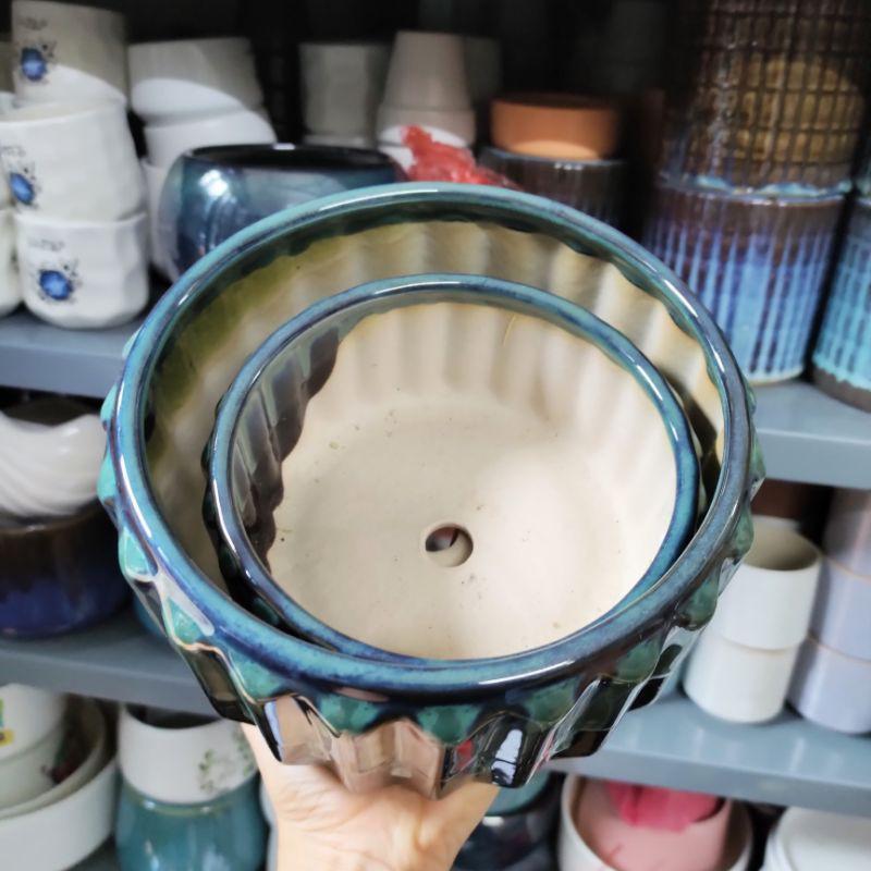 Chậu trồng cây Ang trụ khía, chậu múi trồng cây cảnh men hỏa biến, gốm sứ Bát Tràng cao cấp, phù hợp trồng cây văn phòng