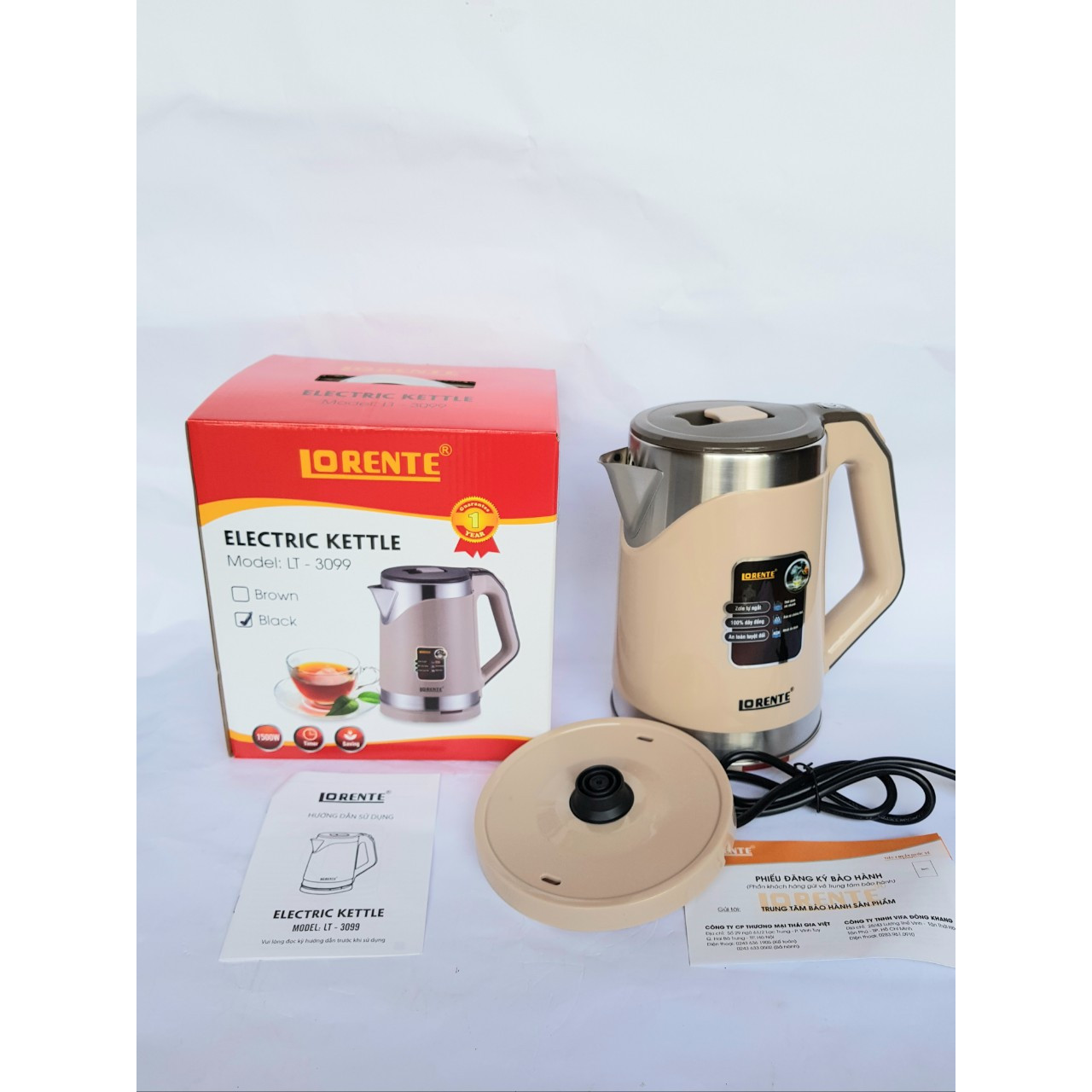 Bình Ấm Đun Siêu Tốc 2 lớp 2.0 Lít, 1500W, Không mùi, Chống nóng, Tự ngắt, Rơ le Chống cạn - Lorente LT3099 - Hàng Chính Hãng