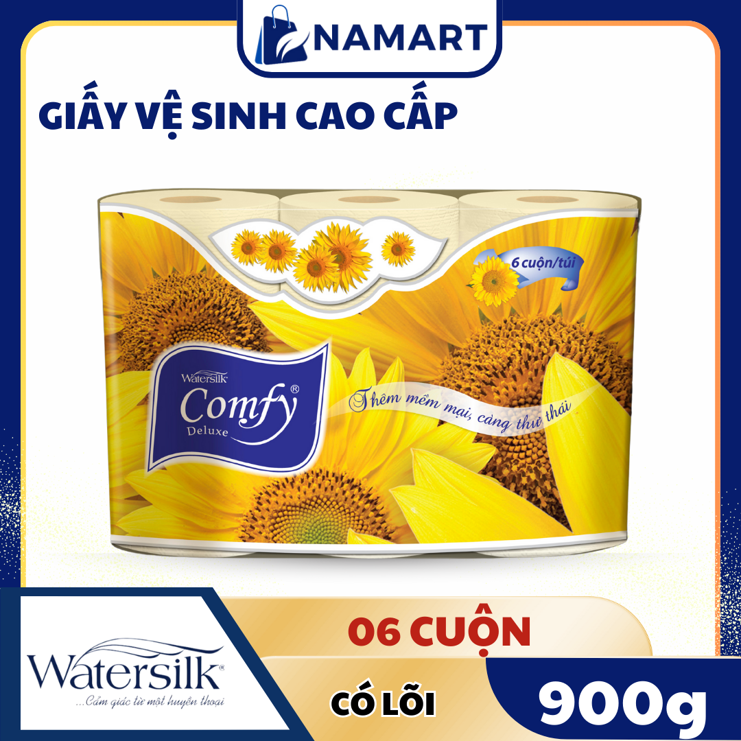 Giấy vệ sinh cao cấp WATERSILK COMFY 31.5M, 6 cuộn Có Lõi, 3 Lớp siêu dai mịn - 100% Bột giấy nguyên sinh - Hàng chính hãng.