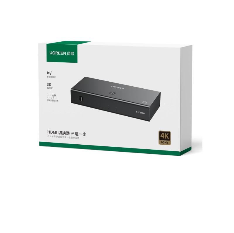 Ugreen UG90800CM598TK 4K60Hz Bộ gộp HDMI 2.0 3 vào 1 ra kèm cáp cấp nguồn USB-C dài 1M + remote - HÀNG CHÍNH HÃNG