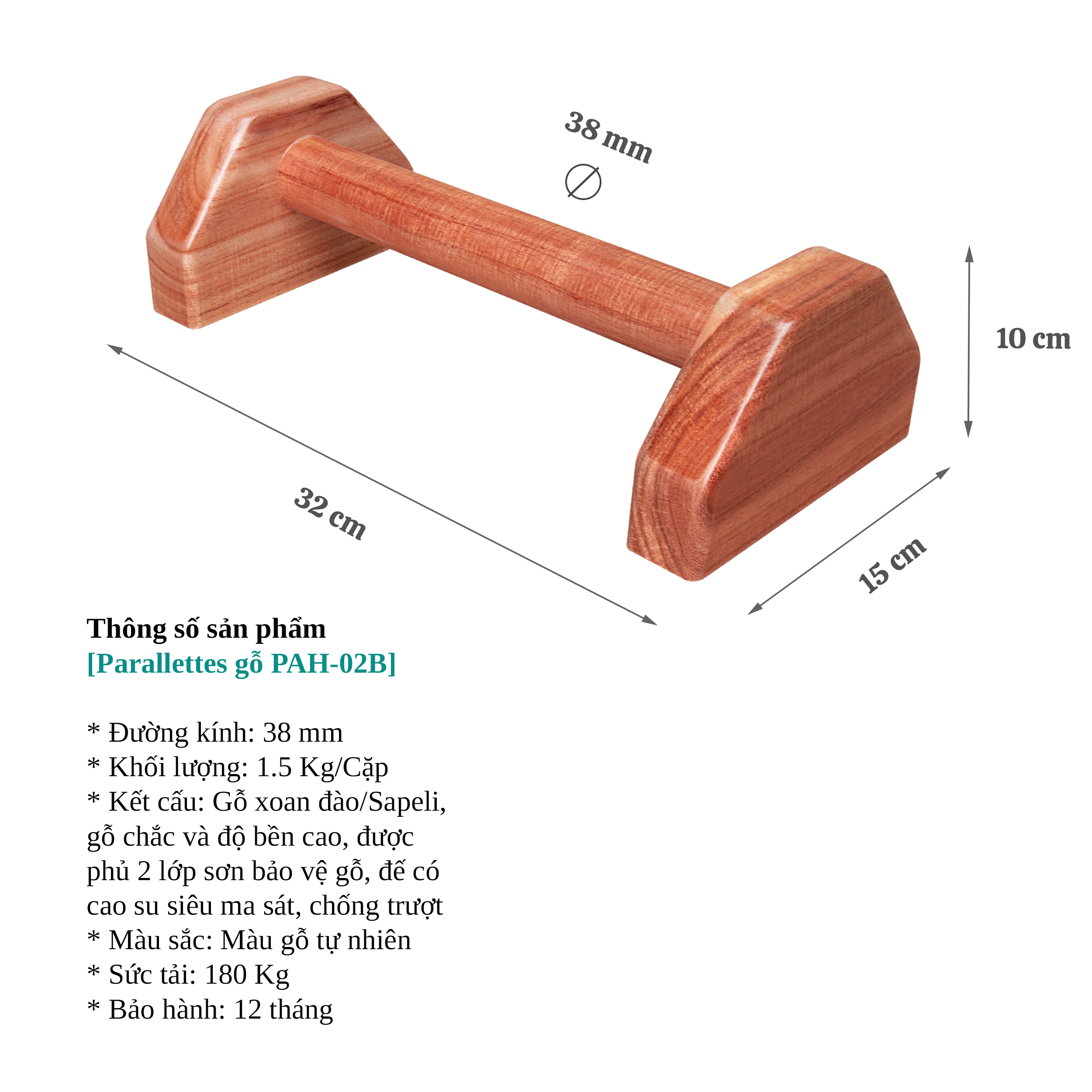 Dụng cụ chống đẩy, hít đất bằng gỗ, Parallettes gỗ hỗ trợ tập Handstand, Pocorrys PAH-02B, Màu gỗ tự nhiên