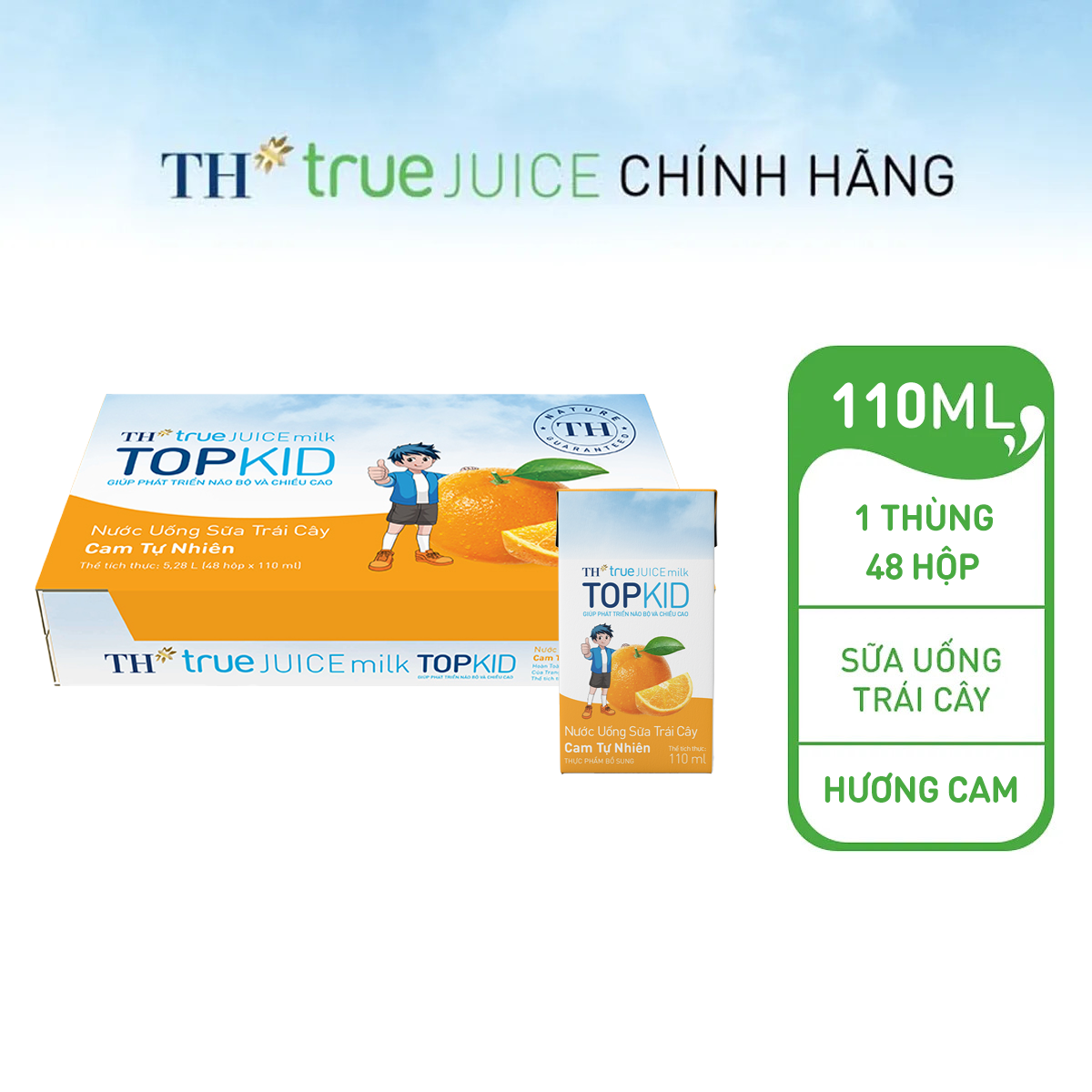 Thùng 48 hộp nước uống sữa trái cây TOPKID hương cam tự nhiên 110 ml (110 ml x 48)