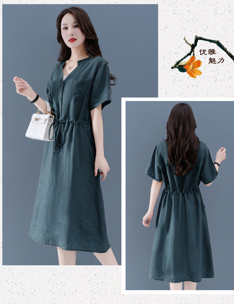 Đầm suông linen cổ V thắt eo 2 màu,thời trang nữ phong cách trẻ trung Haint Boutique Hb72