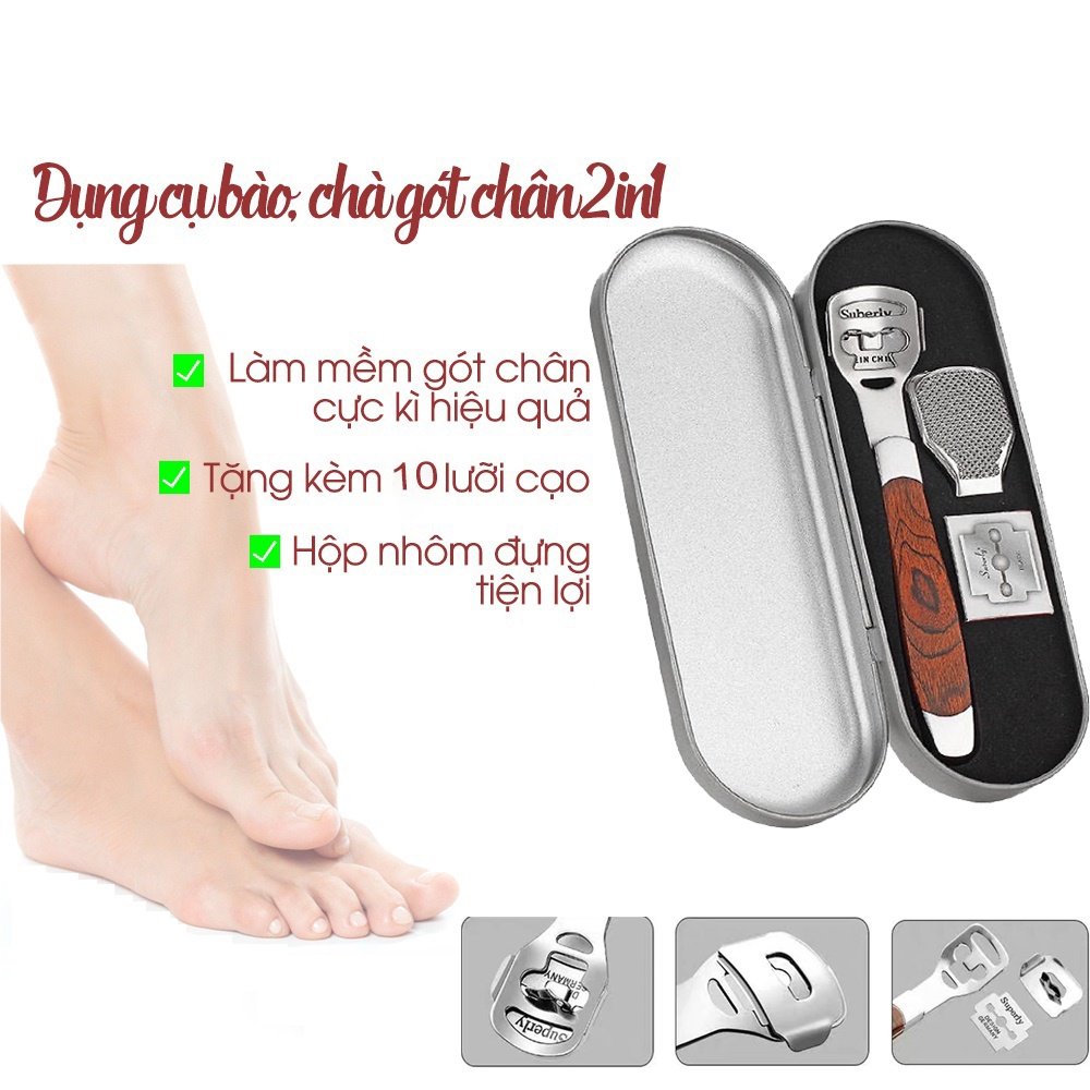 Dụng Cụ Mài, Chà Gót Chân Tẩy Da Chết Inox Cao Cấp kèm 20 dao cạo thay thế