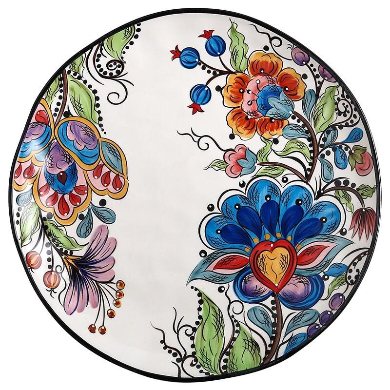 Đĩa sứ họa tiết vẽ tay thủ công Tây Ban Nha, Đĩa vintage hoa văn xanh tím, hàng xuất Châu Âu