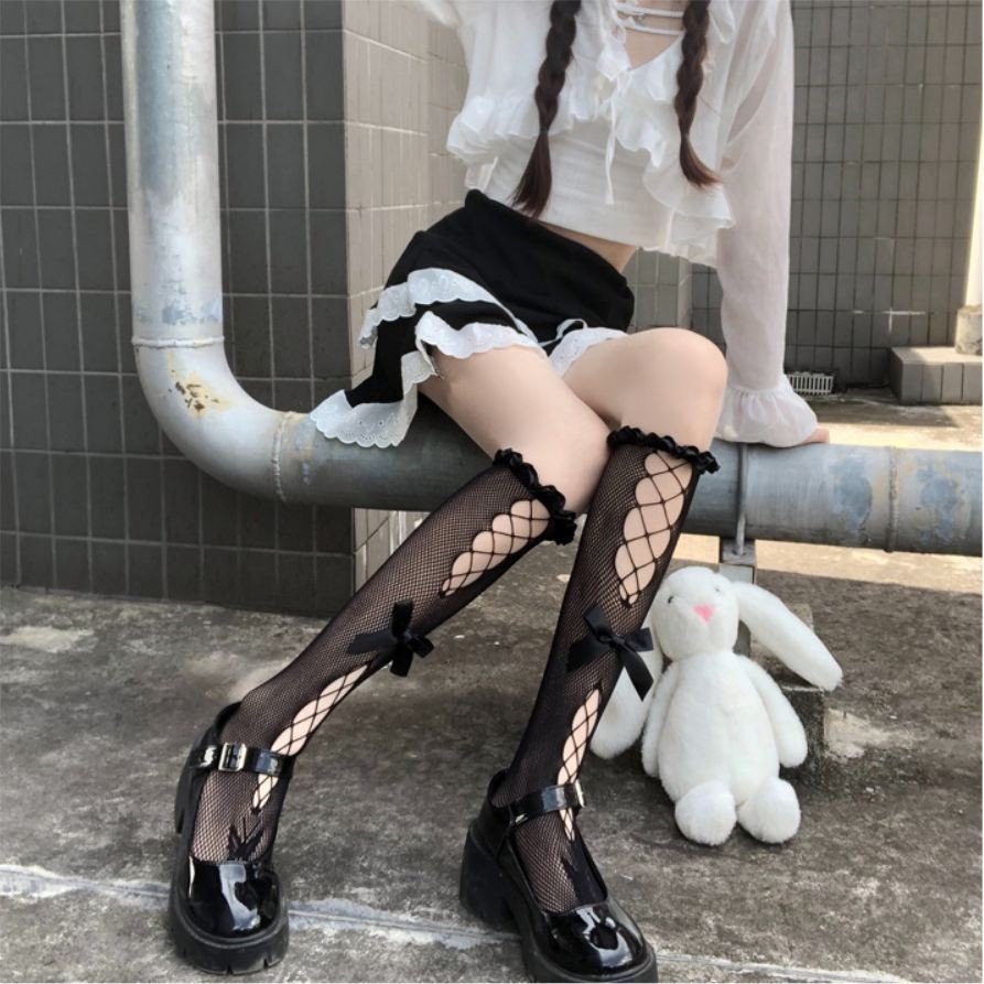 Tất, vớ bắp chân REN LƯỚI ĐÍNH NƠ Ở GIỮA phong cách lolita, thoáng mát, cá tính, cosplay Gợi Cảm Cho Nữ