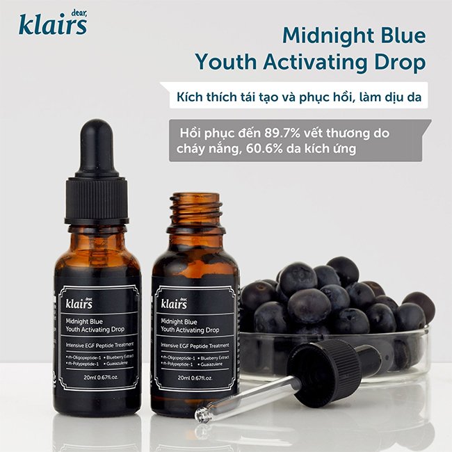 Tinh Chất Phục Hồi Da Ban Đêm Dear Klairs Midnight Blue Youth Activating Drop 20ml + Tặng Kèm 1 Mặt Nạ Dưỡng Da Dưa leo 3W Clinic