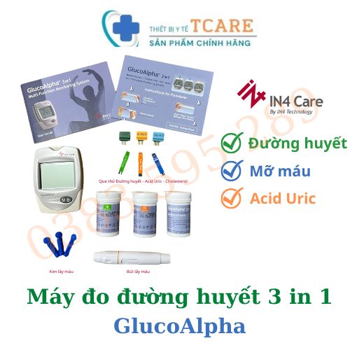 Máy đo đường huyết, mỡ máu, axit uric trong máu 3 trong 1 GlucoAlpha - IN4 Technology - Đủ bộ 3 que thử đường huyết, cholesterol, acid uric