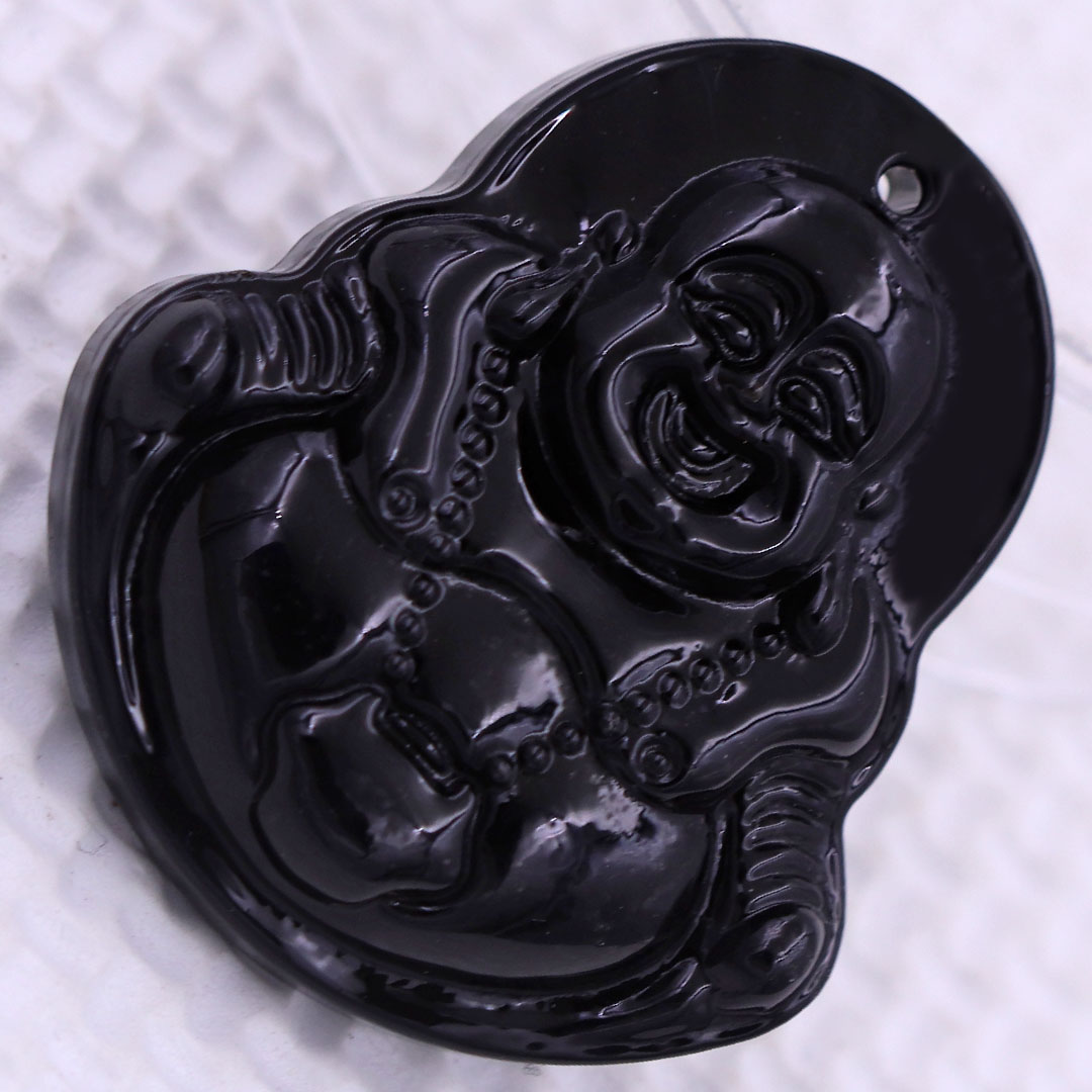 Mặt Phật Di lặc đá đen 4.3 cm kèm móc inox trắng, mặt dây chuyền Phật cười