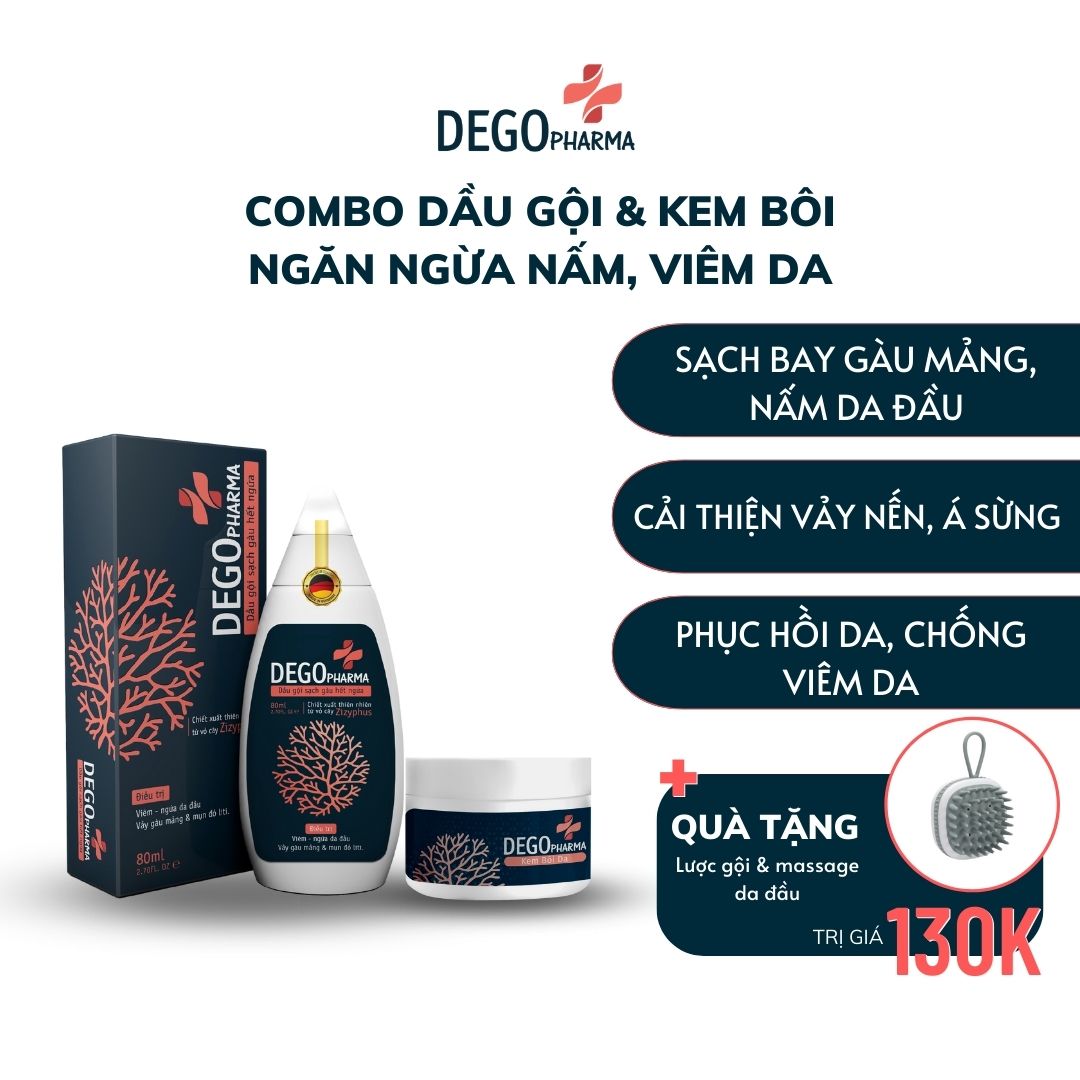 Combo dầu gội &amp; kem bôi dứt điểm nấm da, vảy nến, á sừng Dego Pharma