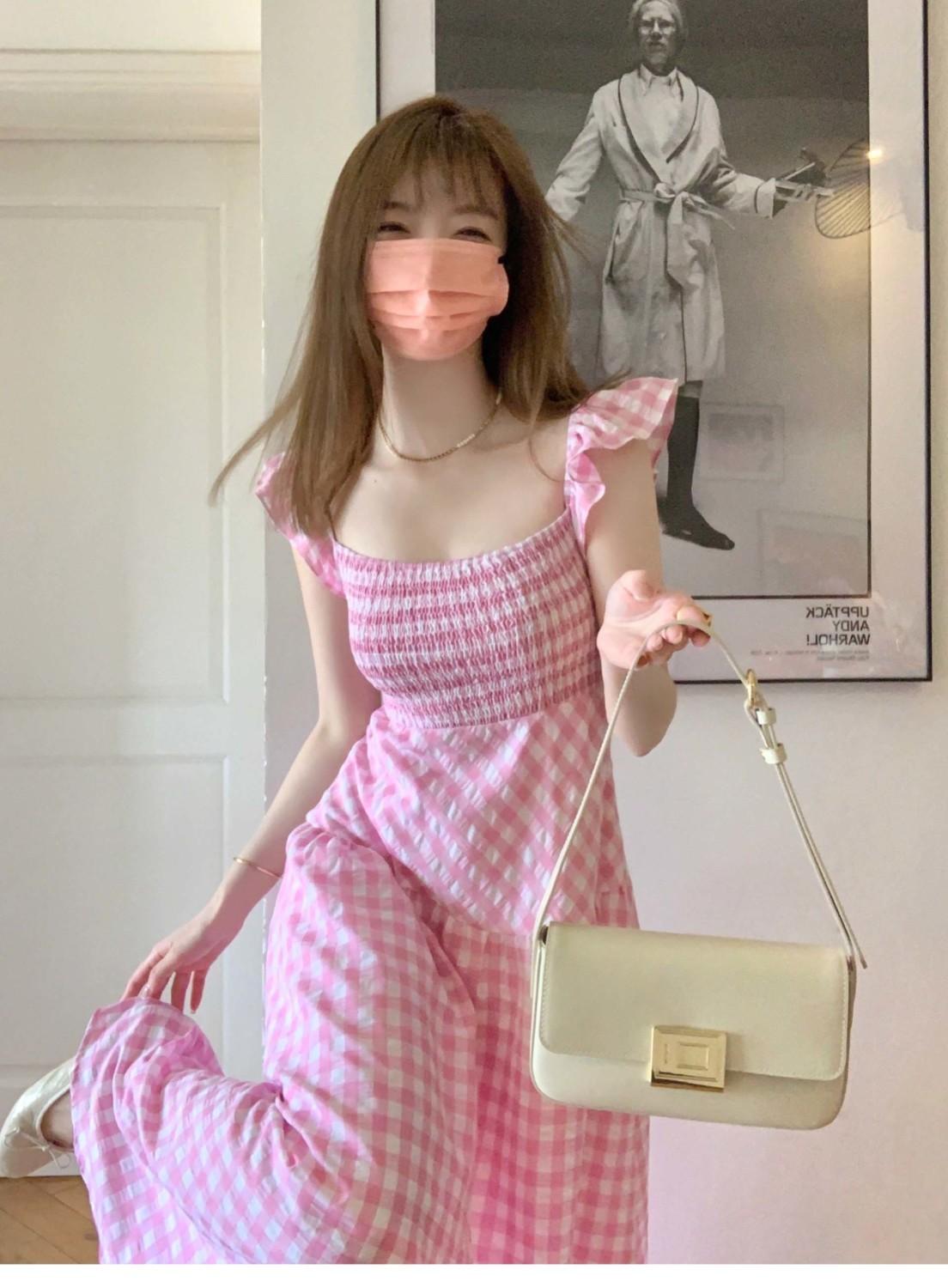 CHENGRUI Cao cấp bông màu hồng kẻ sọc ăn mặc cho phụ nữ Pháp retro nhỏ thiết kế cao cấp giảm tuổi váy dài dễ thương