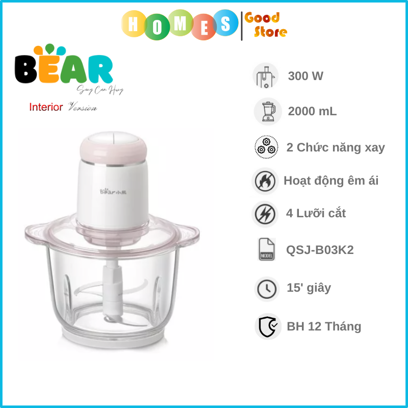 Máy Xay Thịt, Máy Xay Thực Phẩm Cực Êm Đa Năng BEAR QSJ-B03K2 Dung Tích 2 Lít, Công Suất 300 W - Hàng Chính Hãng